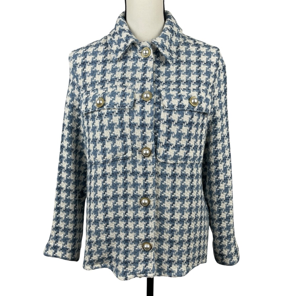 Zara Women's Jacket XS Blue Tweed Houndstooth Pearl Button Front Shacket Preppy